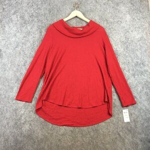 Style Co Top 2X Cowl Neck Long Sleeve Solid Red Waffle Knit High Low Christmas